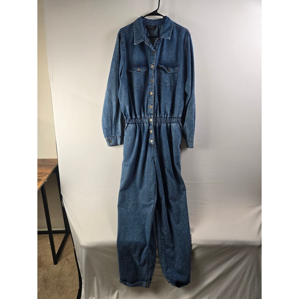 Ashley Stewart Denim Jumpsuit Womens 16 Blue Long Sleeve Button Front Utility
